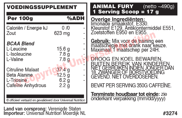 Animal Fury - 20 Servings  Universal Nutrition Europe